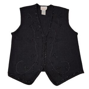 Sears Tradition~VTG 80s~Whimsygoth~Black Beaded~Sweater Vest~Embroidered~LARGE